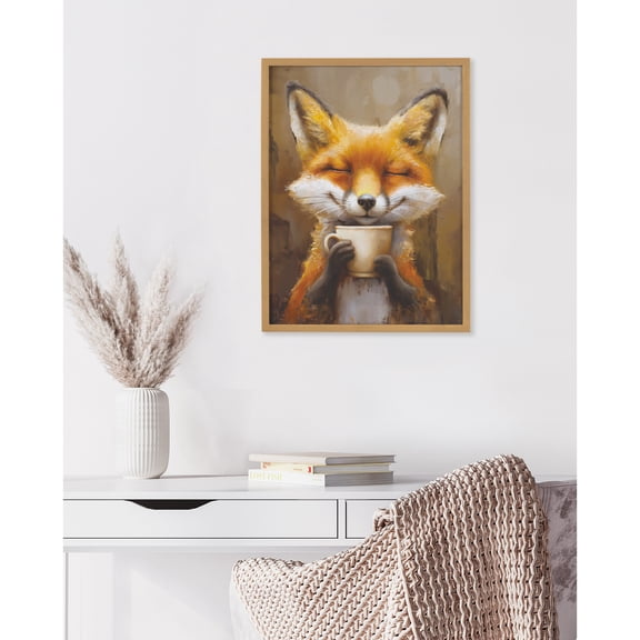 Kate and Laurel Happy Fox Traditional Coffee Tea Cup Framed Wall Art by The Creative Bunch Studio, 12x16 Gold, Cute Fox Coffee Art for Wall