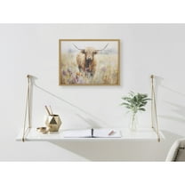 Kate and Laurel Highland Cow in a Flower Field Landscape Framed Wall Art by The Creative Bunch Studio, 16x12 Gold, Cute Highland Cow Art for Wall