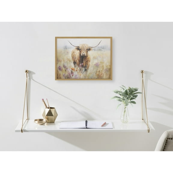 Kate and Laurel Highland Cow in a Flower Field Landscape Framed Wall Art by The Creative Bunch Studio, 16x12 Gold, Cute Highland Cow Art for Wall