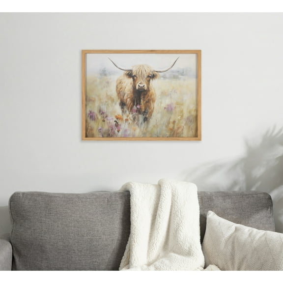 Kate and Laurel Highland Cow in a Flower Field Landscape Framed Wall Art by The Creative Bunch Studio, 16x12 Natural, Cute Highland Cow Art for Wall