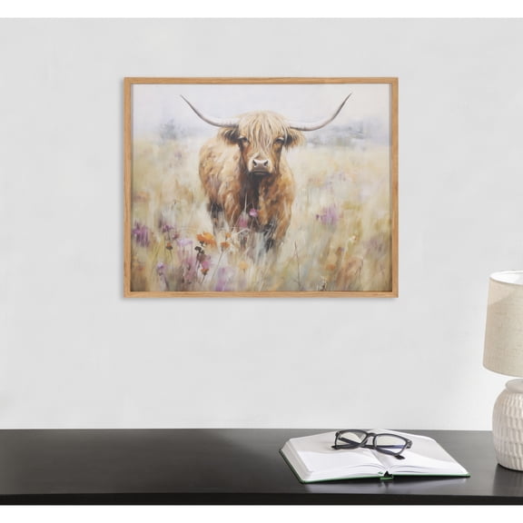 Kate and Laurel Highland Cow in a Flower Field Landscape Framed Wall Art by The Creative Bunch Studio, 20x16 Natural, Cute Highland Cow Art for Wall