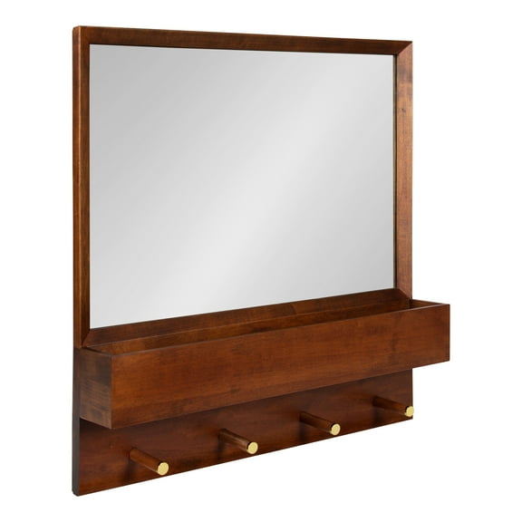 Kate and Laurel Hinter Mid-Century Framed Wall Mirror with Pocket Shelf, 24 x 24, Walnut Brown, Organizing Mail Holder and Wall Hooks