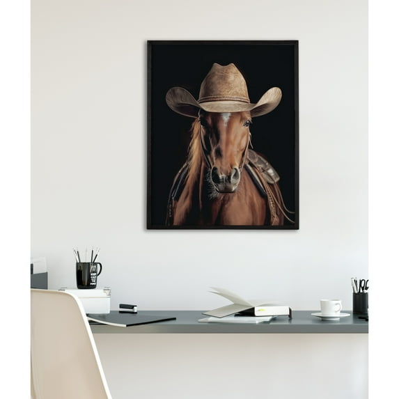 Kate and Laurel Horse Wearing a Western Cowboy Hat Framed Wall Art by The Creative Bunch Studio, 16x20 Black, Modern Cowboy Horse Art for Wall