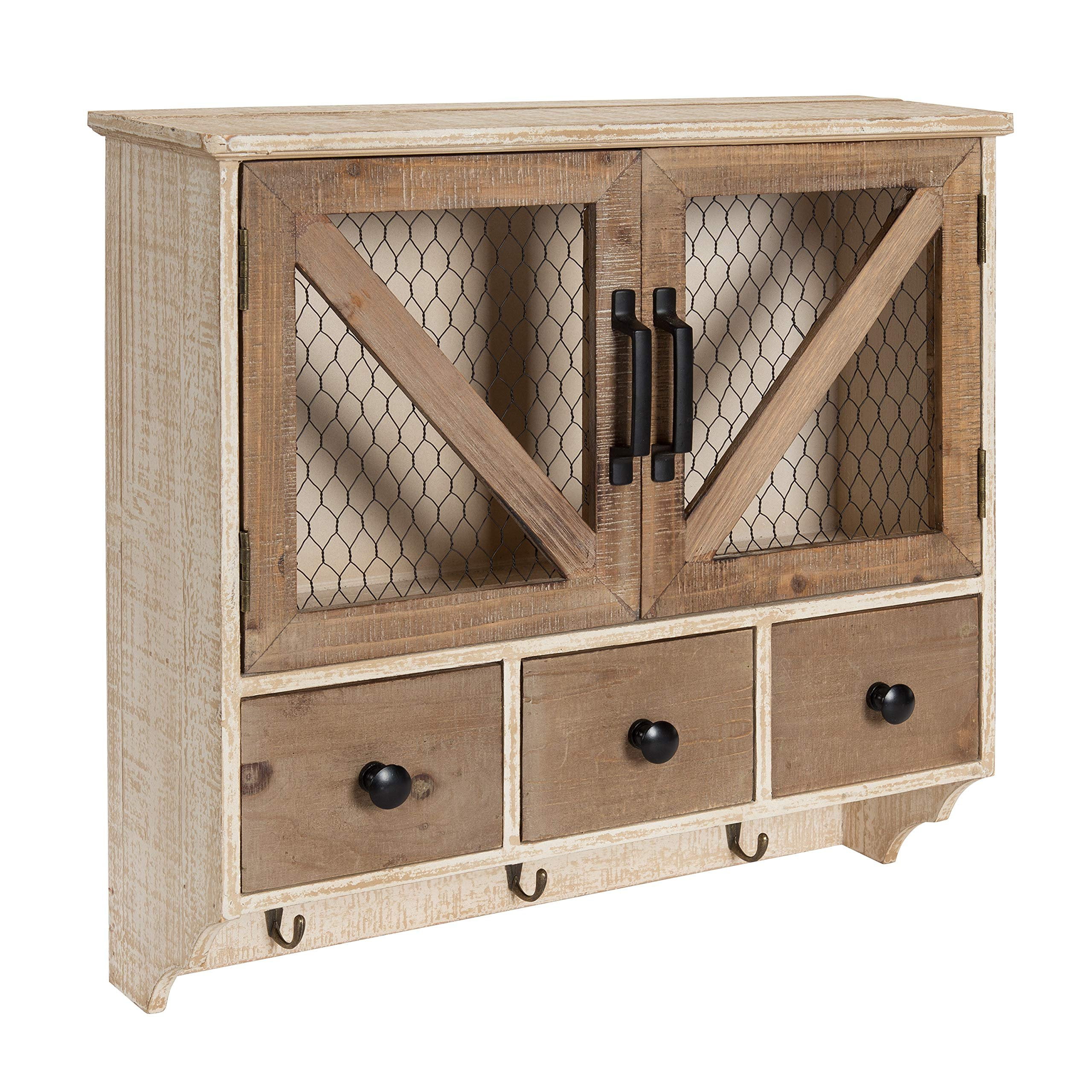 Rustic White and Brown Wooden Wall Cabinet with Chicken Wire Doors