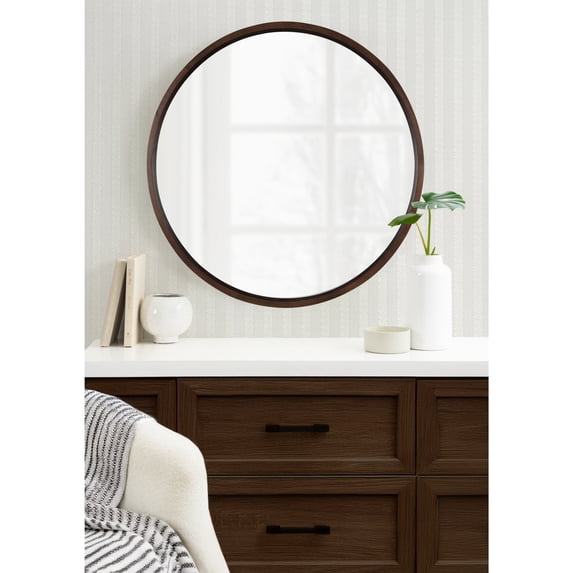 Kate and Laurel Hutton Round Decorative Wooden Frame Wall Mirror, 30 Inch Diameter, Walnut Brown, Modern Circle Bathroom Mirror for Over Sink with Thick Frame Profile