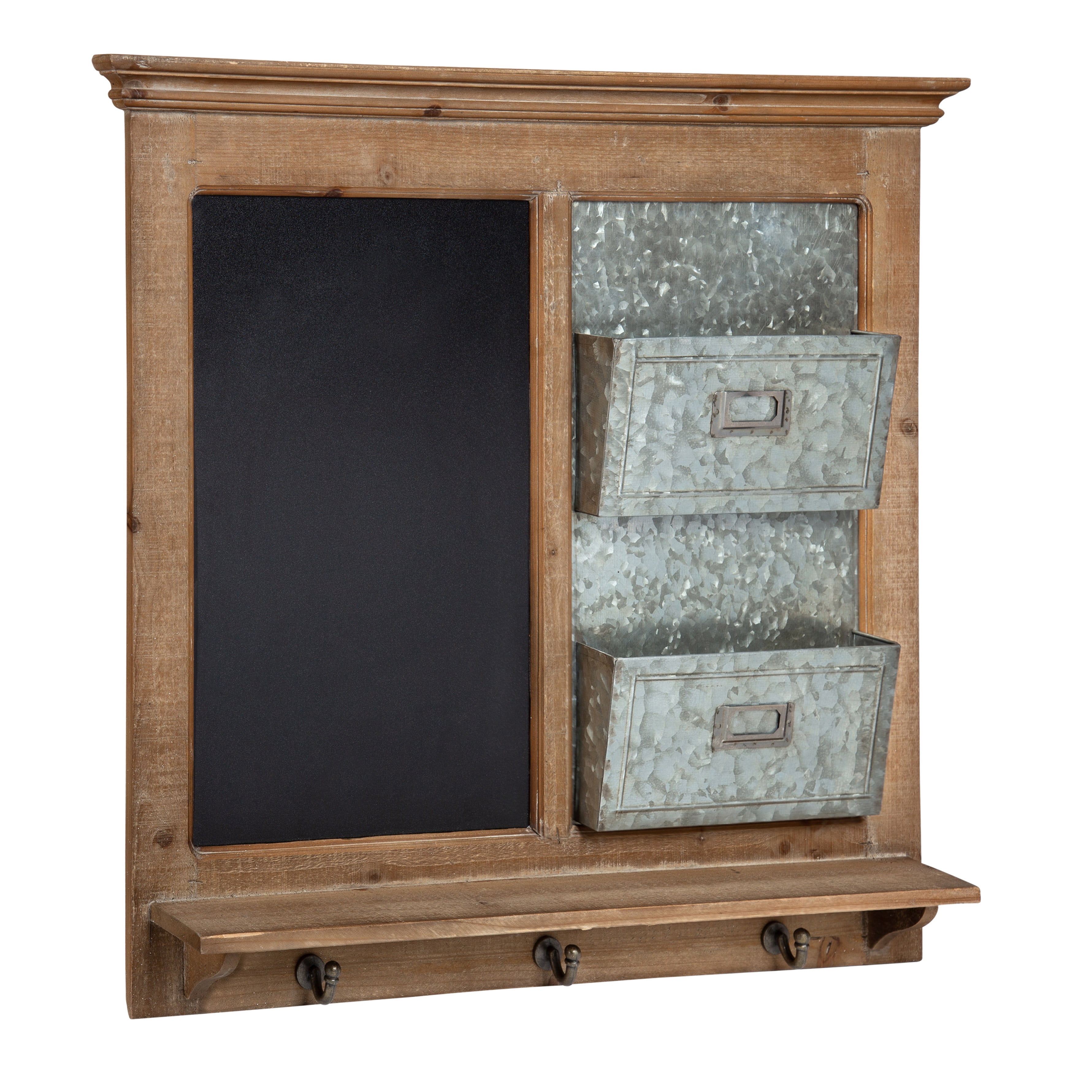 Rustic Brown Wood and Metal Wall Organizer with Chalkboard