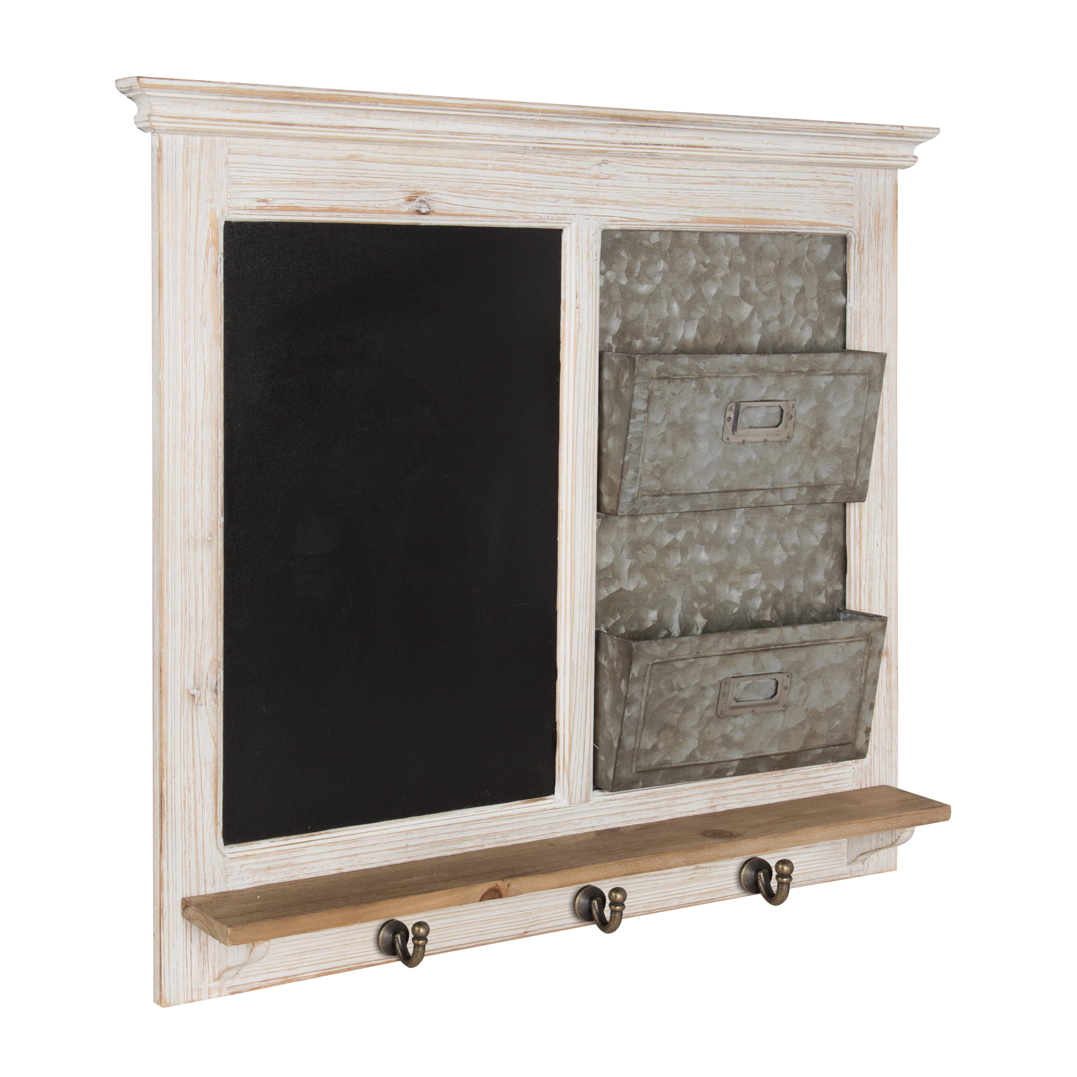 White Distressed Wood and Metal Wall Organizer with Chalkboard