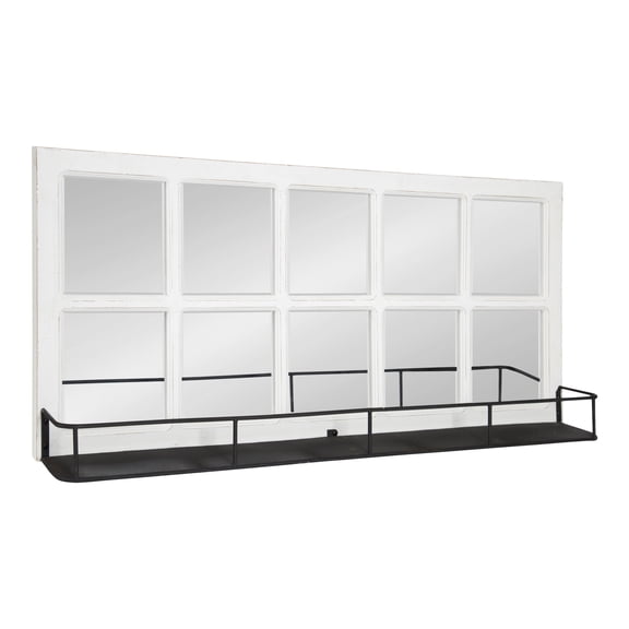 Kate and Laurel Jackson Casual Farmhouse Solid Wood 10 Windowpane Mirror with Distressed Black Metal Shelf, 40x18, Coastal White