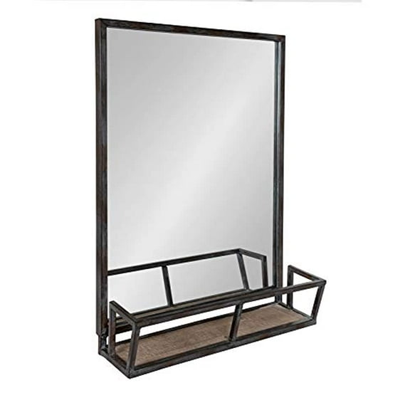 Kate and Laurel Jackson 22x29 Distressed Metal Mirror with Wood Shelf, Black