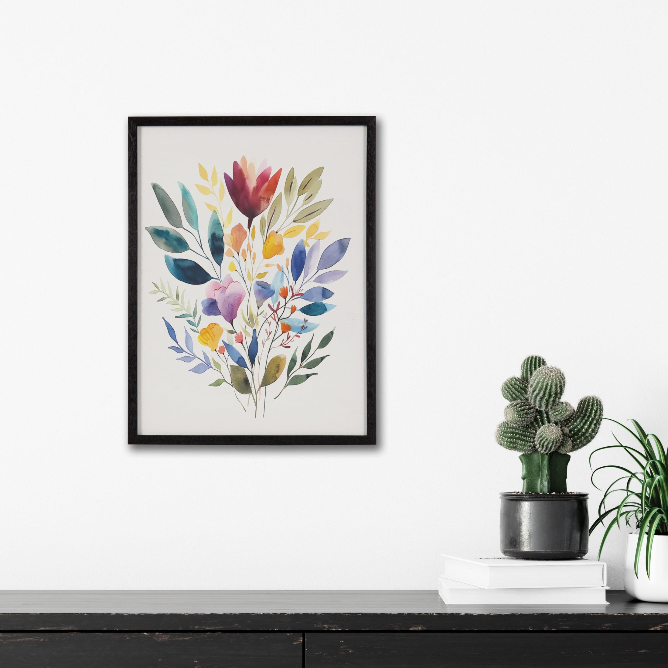 Jewel Tone Botanical Watercolor Bouquet Print in Black Frame