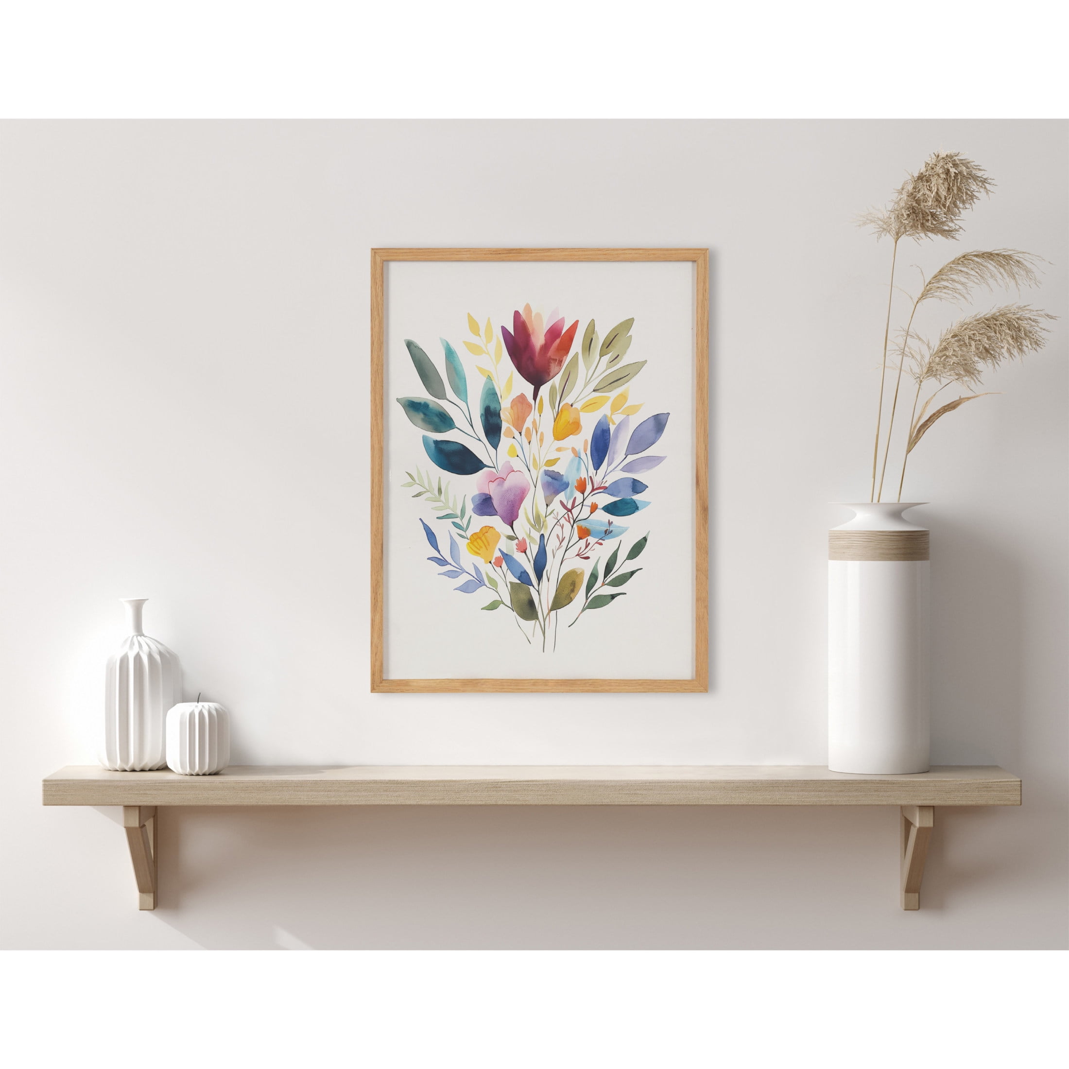 Natural Oak Framed Jewel Tone Botanical Watercolor Print, 12x16
