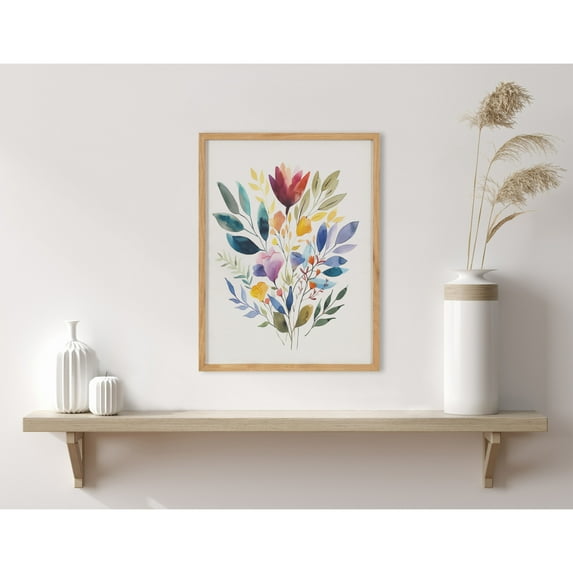 Kate and Laurel Jewel Tone Botanical Watercolor Bouquet Framed Wall Art by The Creative Bunch Studio, 12x16 Natural, Colorful Floral Art for Wall