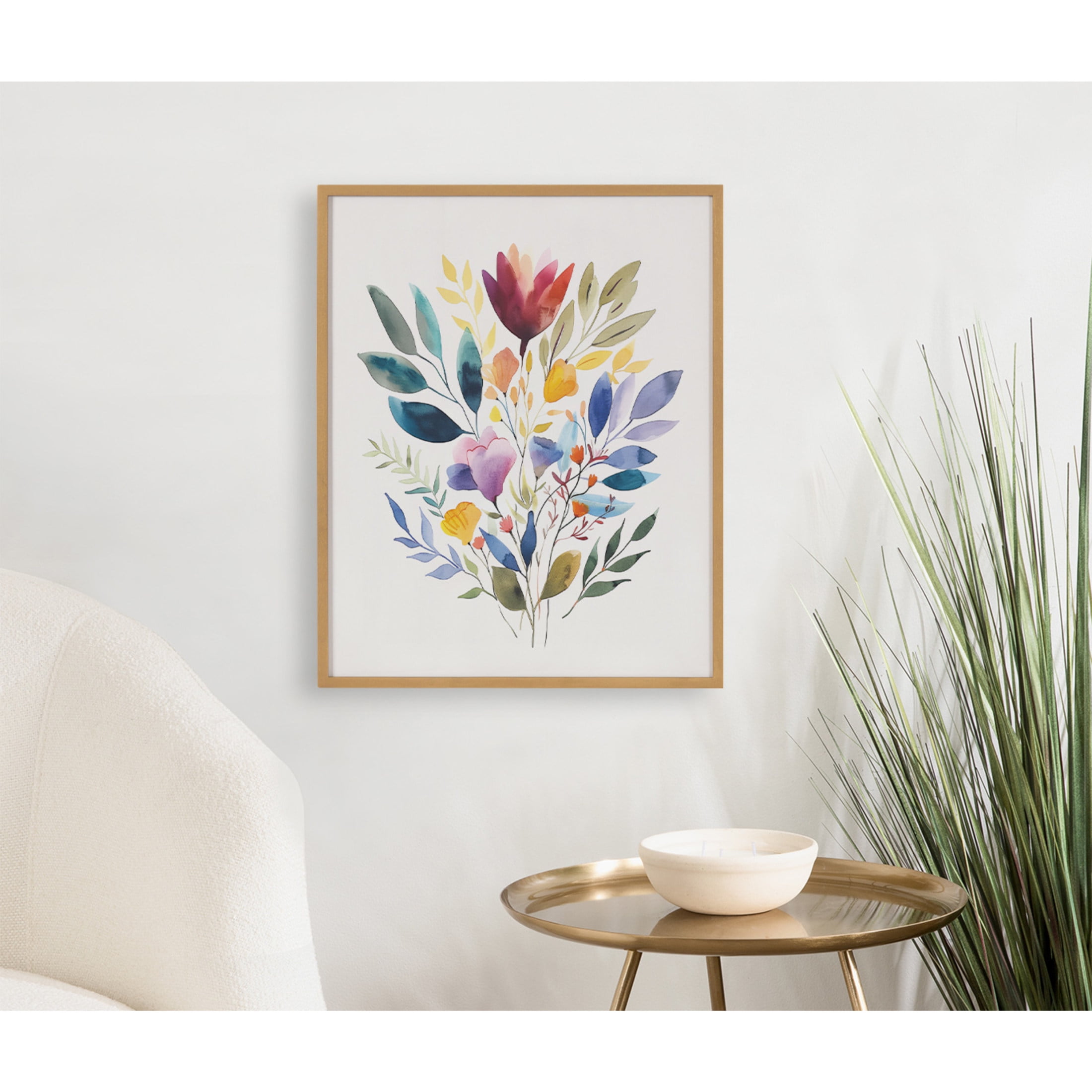 Gold Framed Jewel Tone Botanical Watercolor Bouquet Print, 16x20
