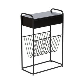 Kate and Laurel Kura Modern Glam Narrow Side Table with Bottom Wire Storage Rack and LIF-Top Tabletop, 19x9x26, Black