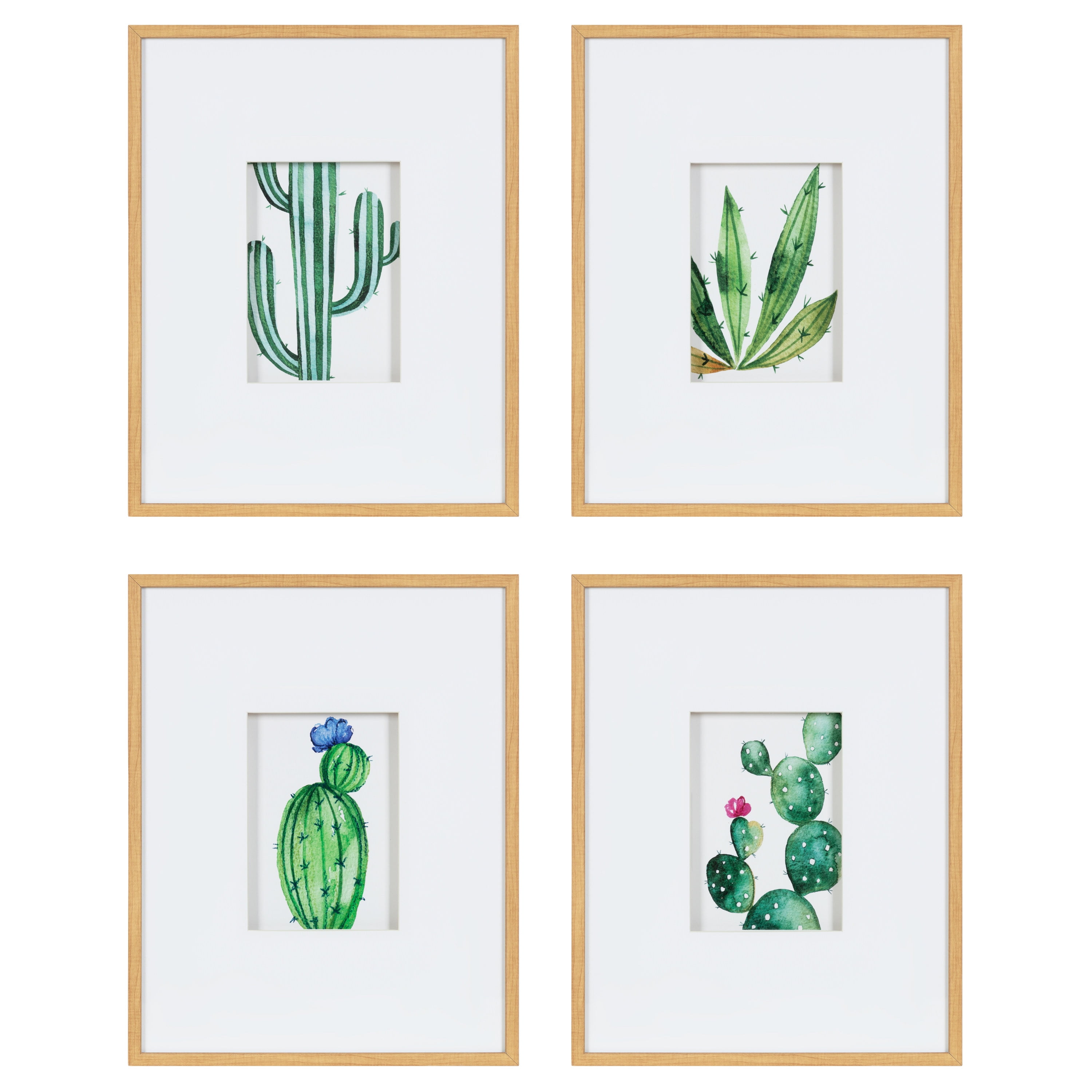 Natural Wood Framed Succulent Canvas Prints Set of 4