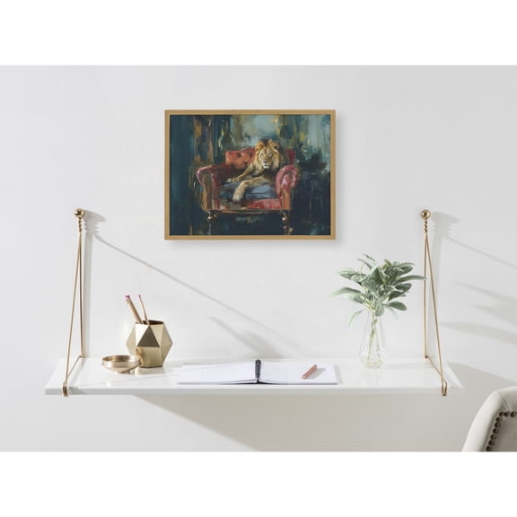 Kate and Laurel Lion Portrait in Rich Jewel Tones Framed Wall Art by The Creative Bunch Studio, 16x12 Gold, Classic Majestic Lion Art for Wall