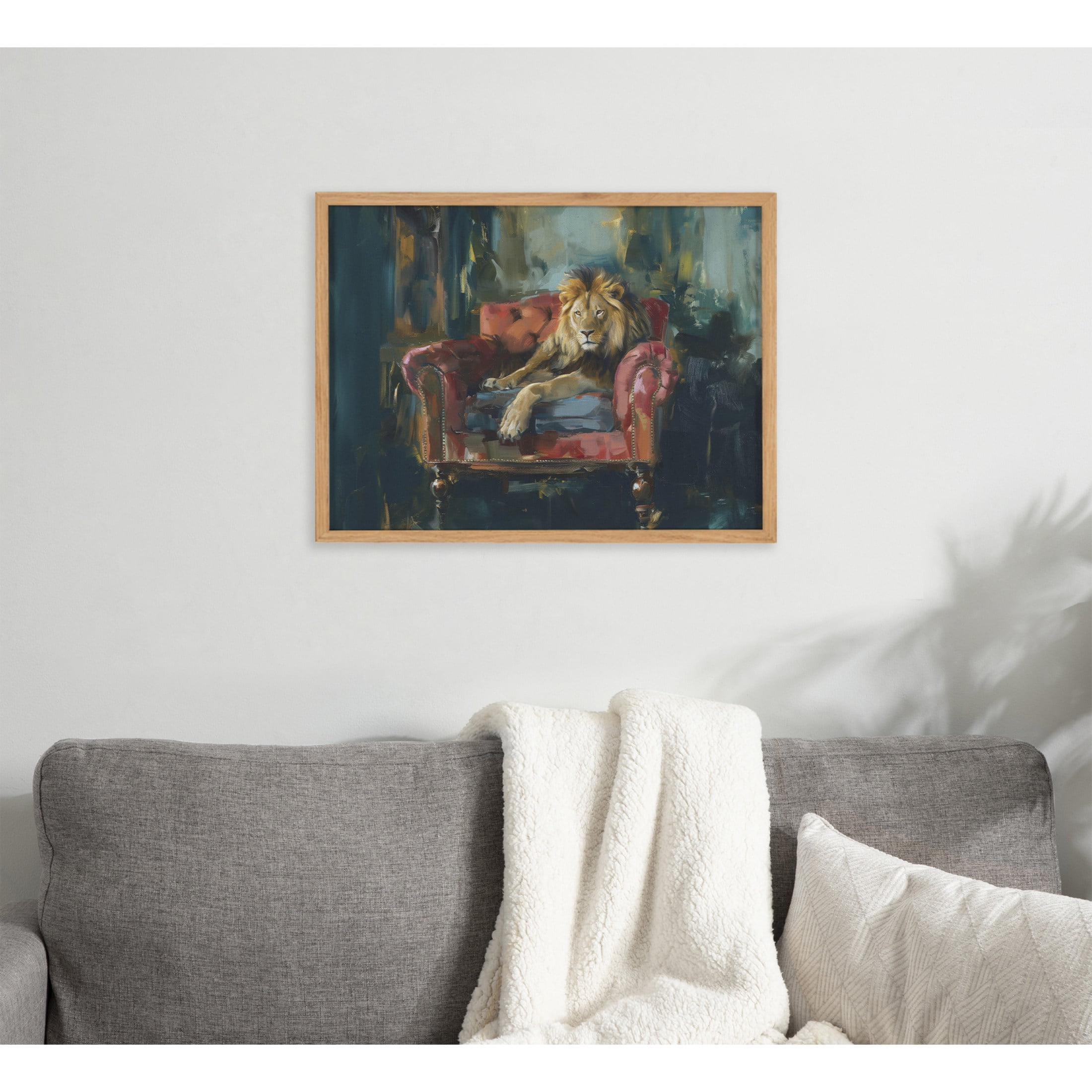 Majestic Lion Portrait in Rich Jewel Tones with Natural Wood Frame