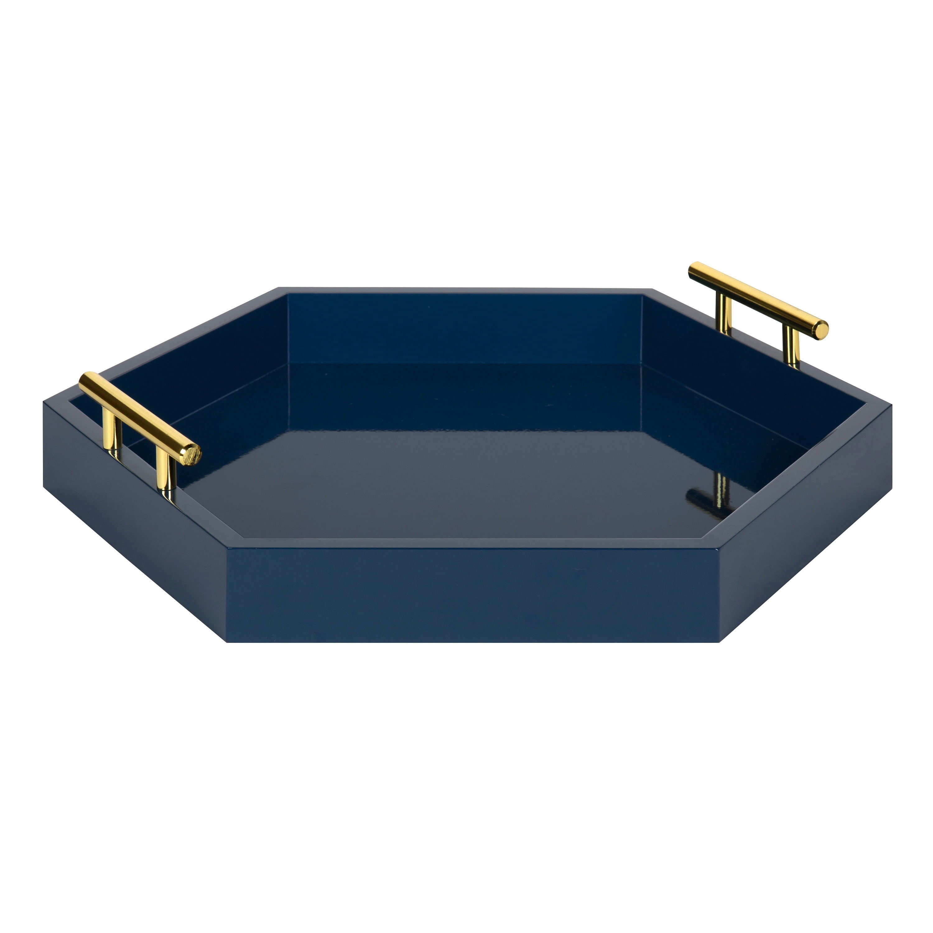 Kate and Laurel Lipton Hexagon Decorative Tray with Polished Metal Handles,  Navy Blue and Gold