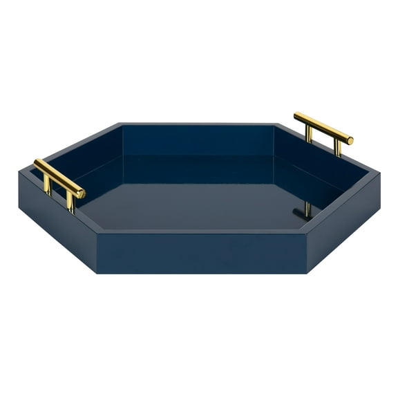 Kate and Laurel Lipton Hexagon Decorative Tray with Polished Metal Handles, Navy Blue and Gold