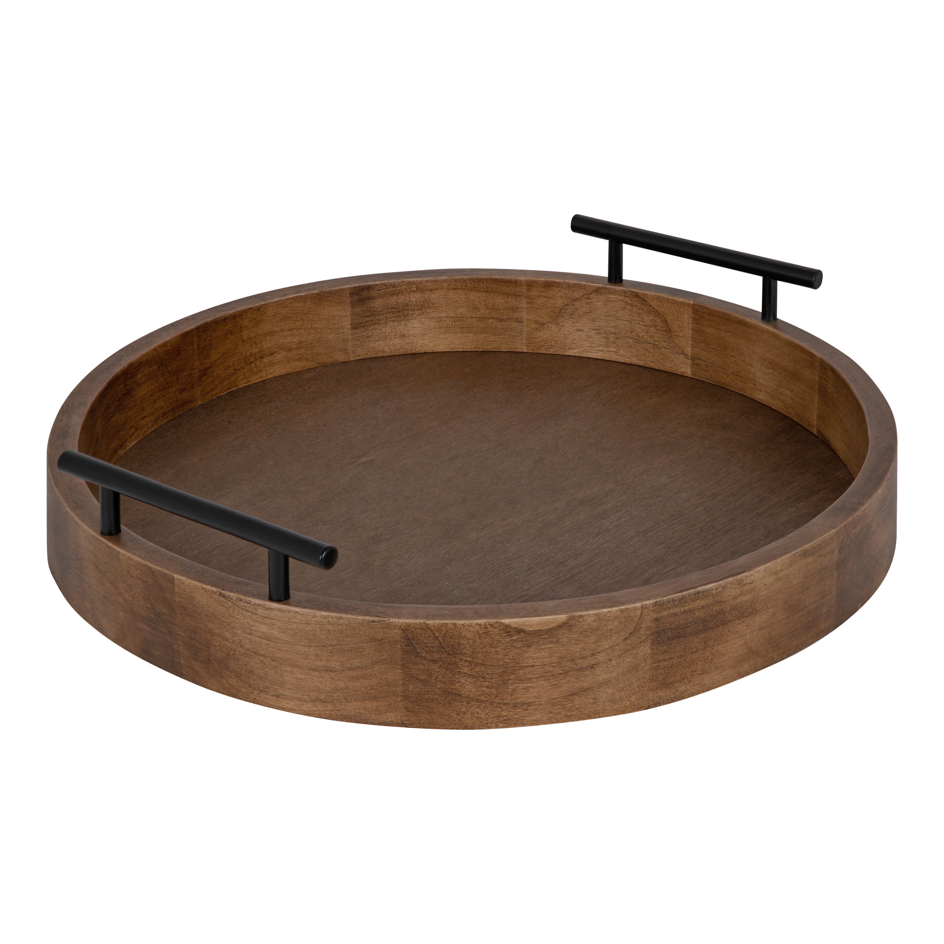 Rustic Brown Round Wood Tray with Black Metal Handles, 15.5" Diameter