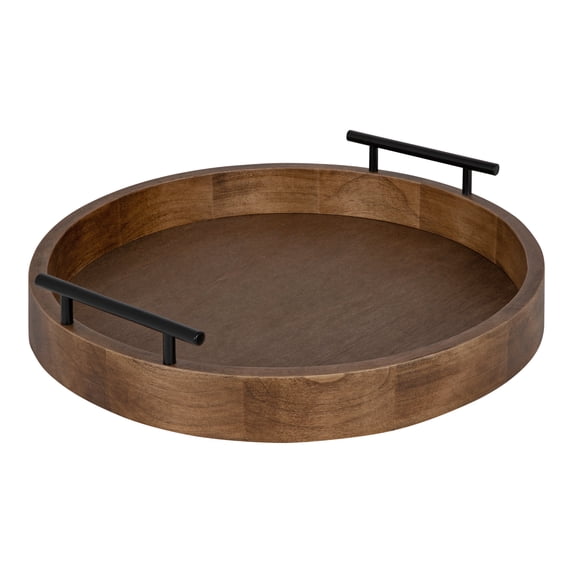 Kate and Laurel Lipton Modern Round Wood Tray, 15.5" Diameter, Rustic Brown with Black Handles, Decorative Accent Tray for Storage and Display