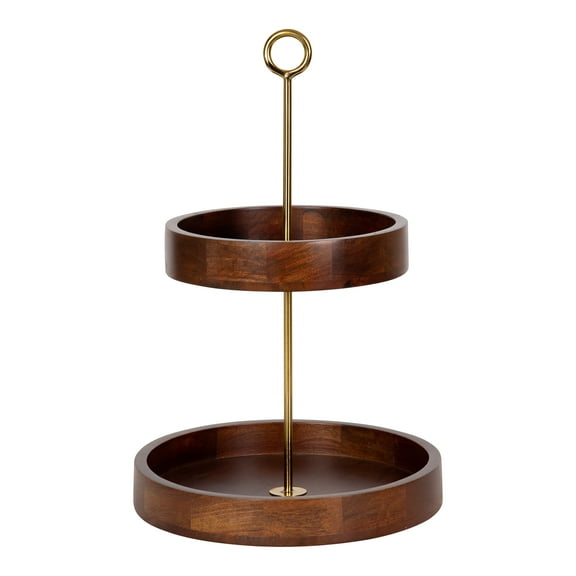 Kate and Laurel Lipton Modern Two Tier Tray, 13 x 13 x 20, Walnut Brown and Gold, Glam Decorative Tray