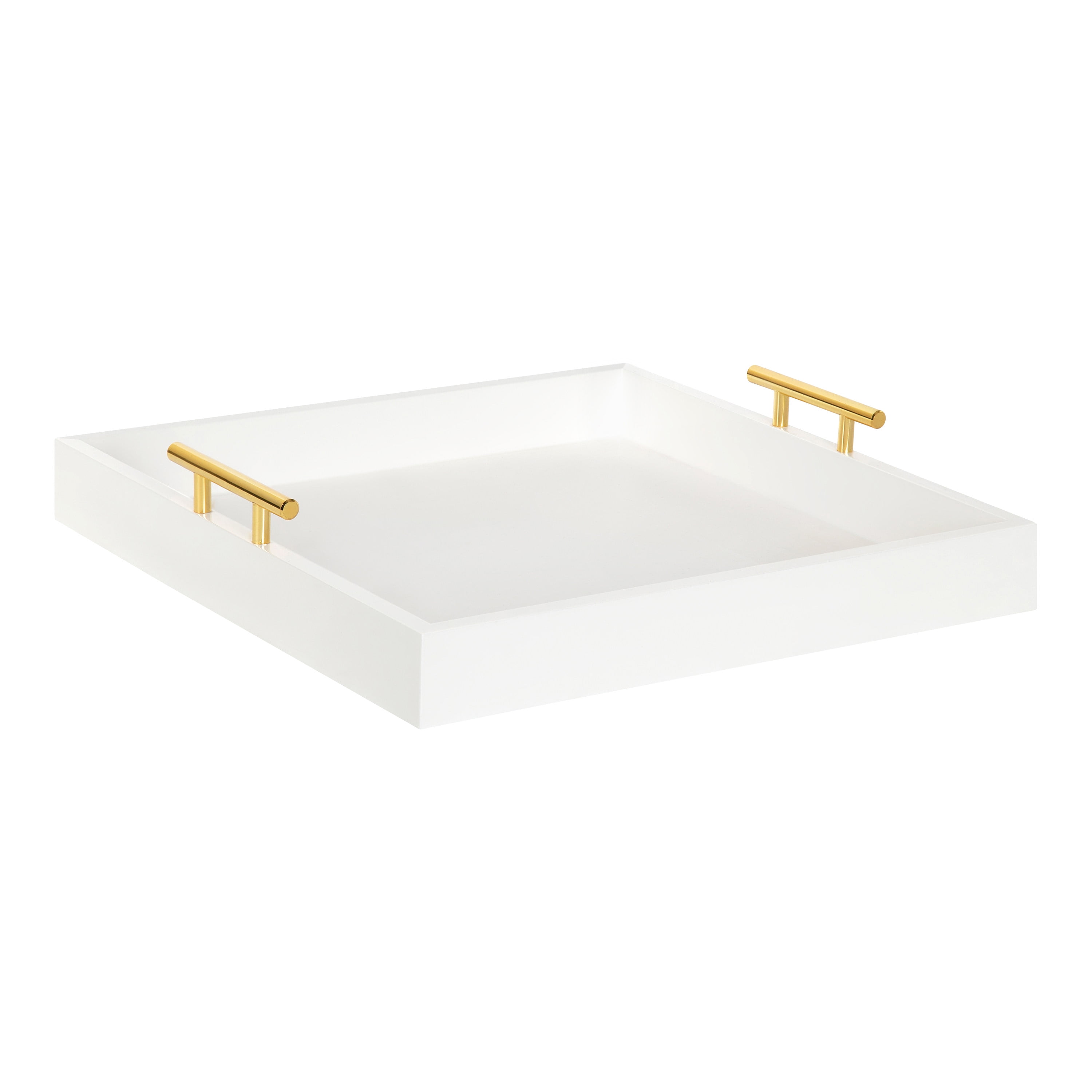 Kate and Laurel Lipton Square Decorative Wood Tray With Metal Handles, 16" x 16", White And Gold, Modern Serving Tray For Storage Or Display