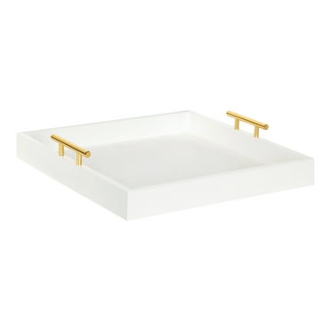 Kate and Laurel Lipton Square Decorative Wood Tray With Metal Handles, 16" x 16", White And Gold, Modern Serving Tray For Storage Or Display