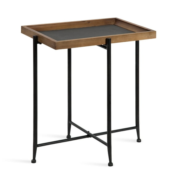 Kate and Laurel Macabe Industrial Modern Wood and Slate Side Accent Table with Black Iron Metal Base, Rustic Brown Finish