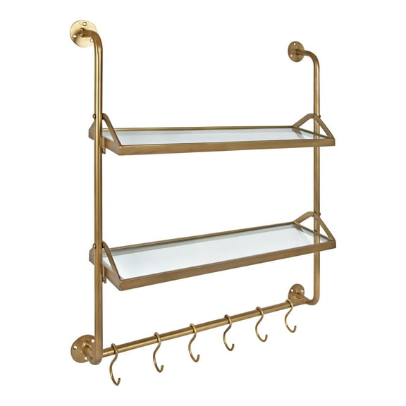 Kate and Laurel Marit Modern Industrial Wall Shelf with Metal Pipe Supports and Glass Shelves, Gold
