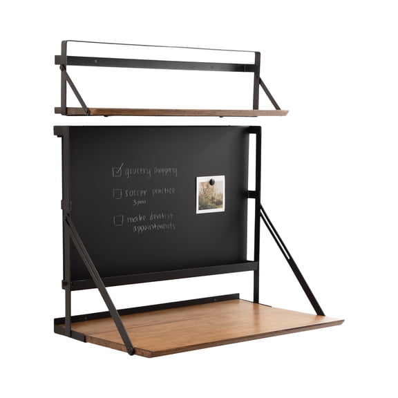 Kate and Laurel McAllister Floating Magnetic Chalkboard Shelf Desk, Rustic Brown/Black