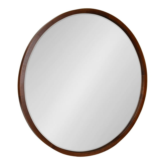 Kate and Laurel McLean Mid-Century Wood Framed Wall Mirror, 30 inch Diameter, Walnut Brown, Decorative Modern Round Mirror