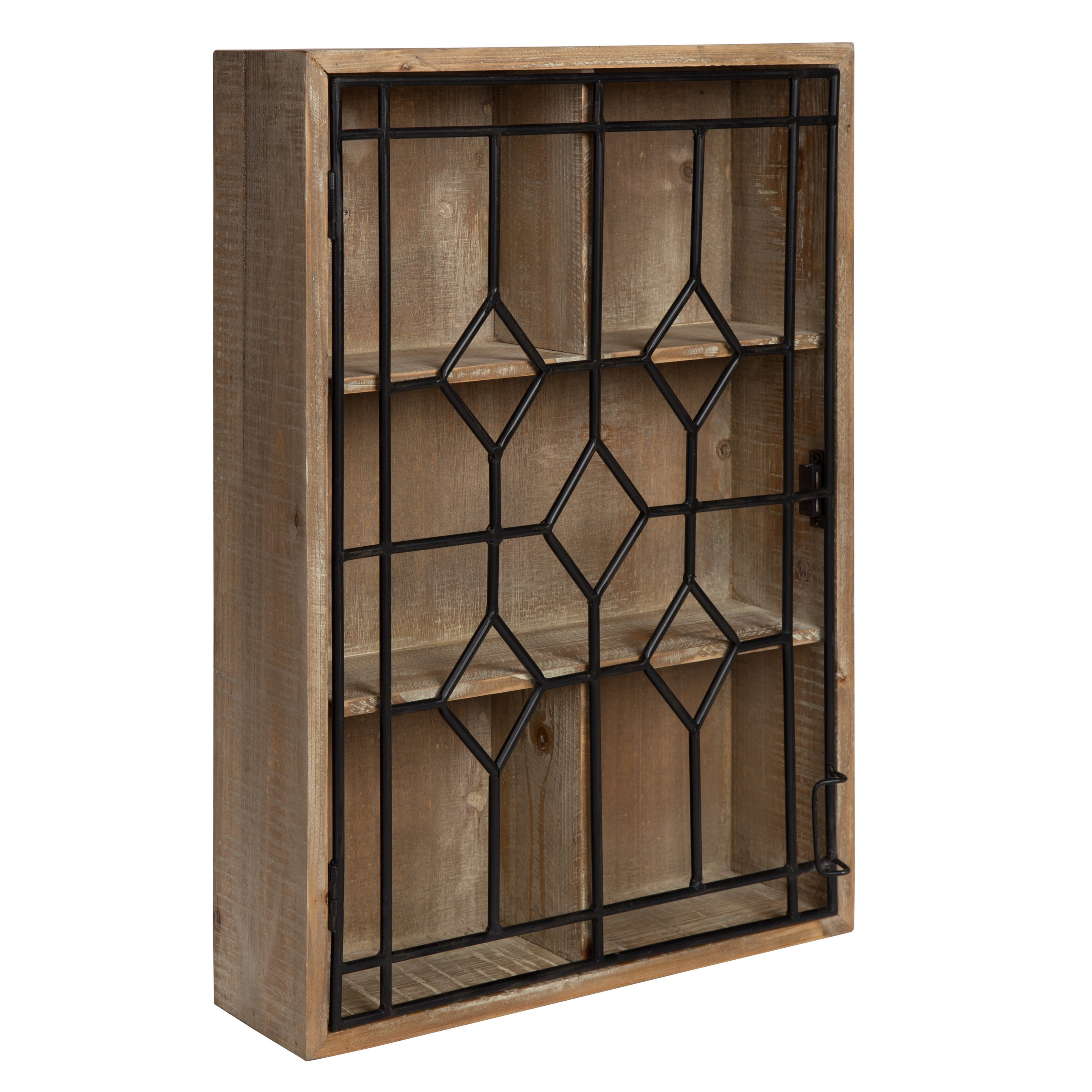 Rustic Brown Wooden Curio Cabinet with Lighted Black Iron Door
