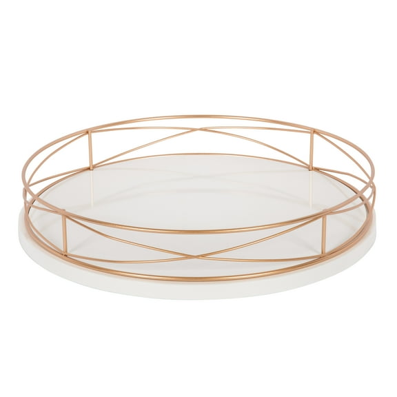 Kate and Laurel Mendel 14 Inch Round Tray with Decorative Metal Rim, White and Rose Gold