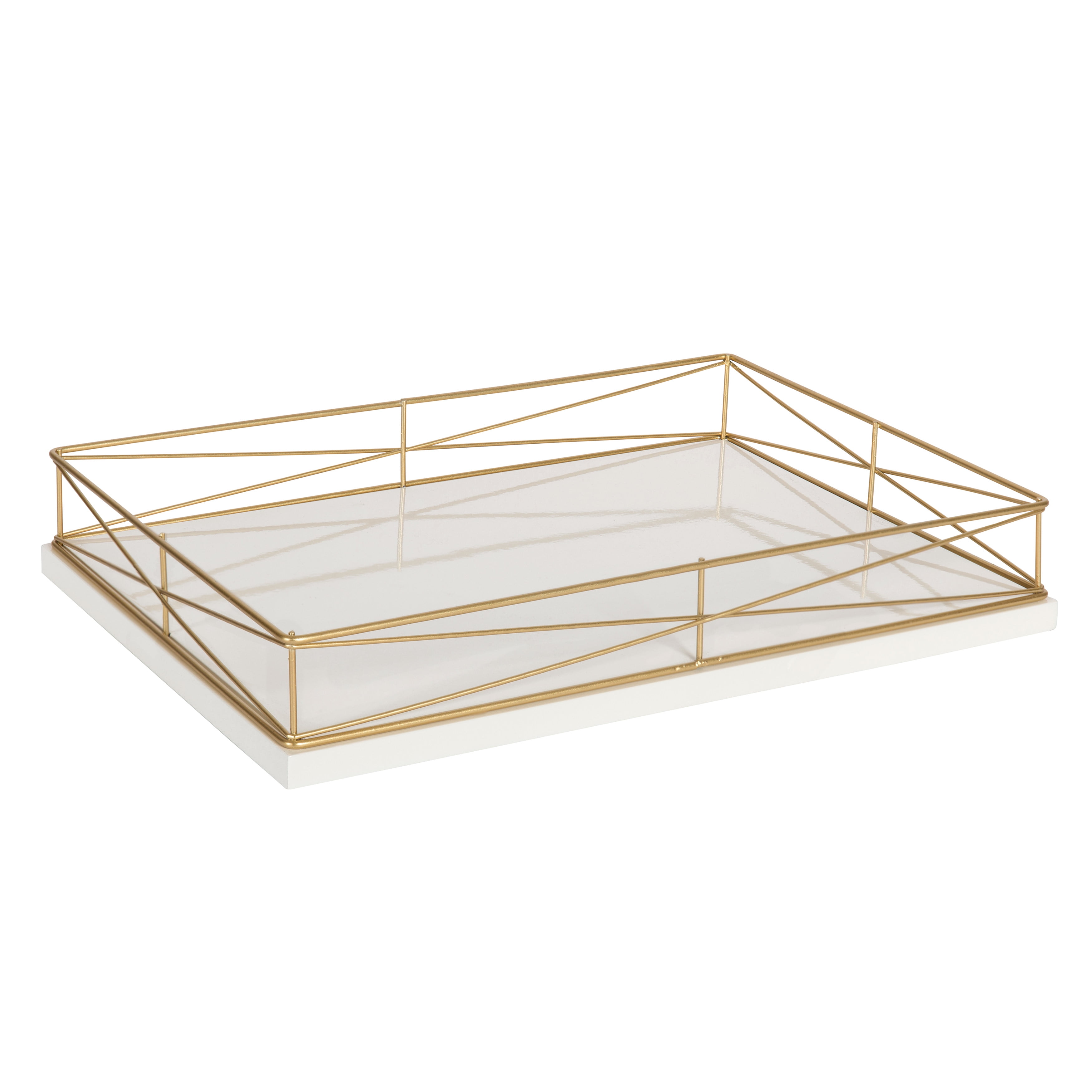 Elegant White and Gold Rectangular Serving Tray with Ornate Metal Rim