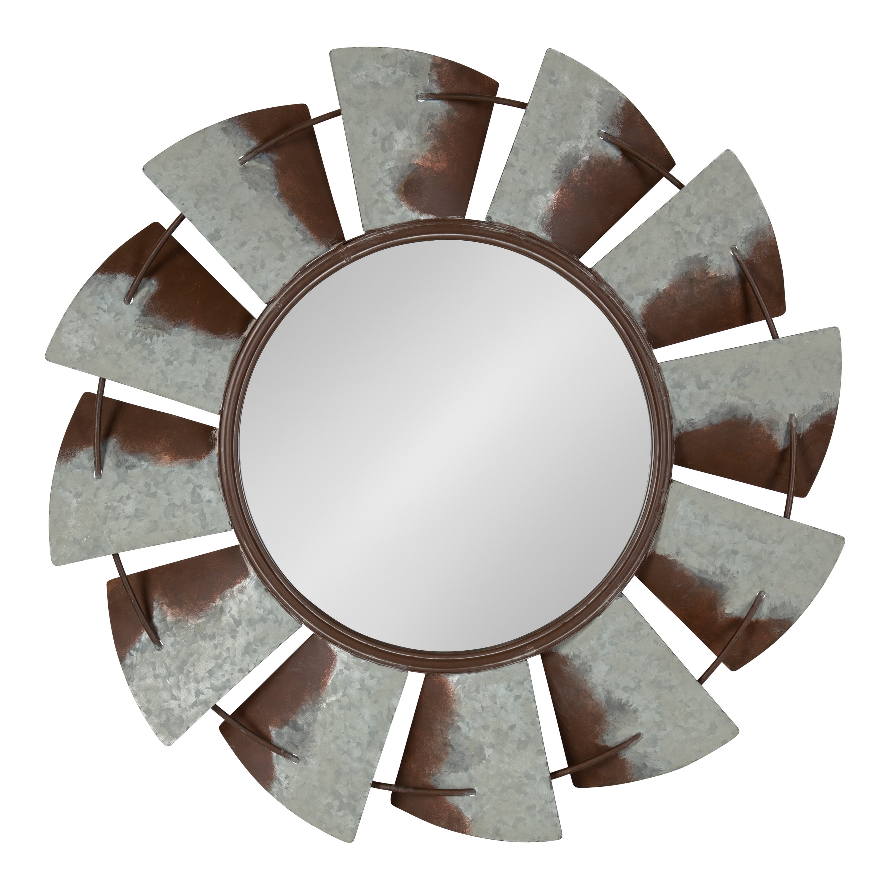 32" Round Silver and Brown Metal Windmill Wall Mirror