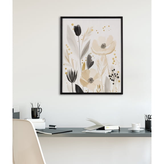 Kate and Laurel Modern Muted Cottage Floral Abstract Framed Wall Art by The Creative Bunch Studio, 16x20 Black, Cute Flower Art for Wall