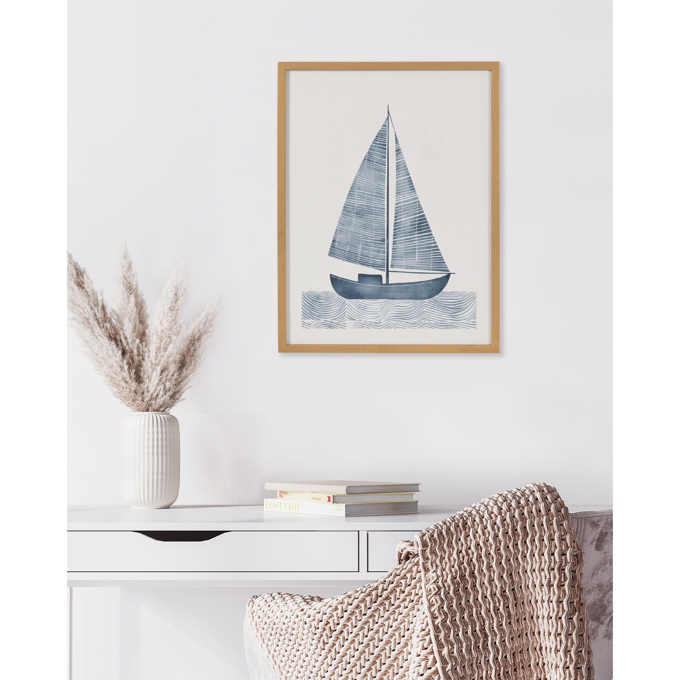 Nautical Blue Sailboat Print in Gold Frame, 12x16