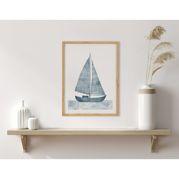 Kate and Laurel Nautical Blue Sailboat Framed Wall Art by The Creative Bunch Studio, 12x16 Natural, Modern Coastal Boat Art for Wall