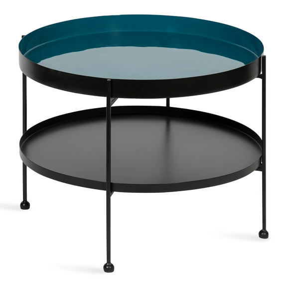Kate and Laurel Nira Modern Round Two Tier Coffee Table, 26 Inch Diameter, Teal and Black, Decorative Glam Coffee Table for Storage and Display