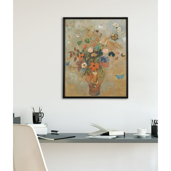 Kate and Laurel Odilon Redon 1905 Still Life with Flowers Framed Wall Art, 16x20 Black, Classic Flower Art for Wall