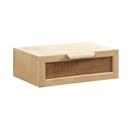 Kate and Laurel Ori Transitional Cane Floating Side Table, 18 x 13 x 6, Natural Wood, Mounted Rattan Wall Shelf with Drawer for Storage