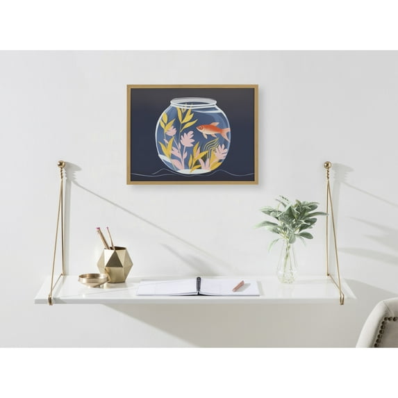 Kate and Laurel Pet Goldfish Cute Botanicals Fish Tank Framed Wall Art by The Creative Bunch Studio, 16x12 Gold, Colorful Fish Bowl Art for Wall