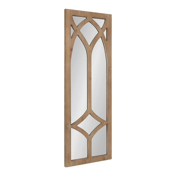 Kate and Laurel Pierette Windowpane Mirror, 16 x 42, Natural Wood, Tall Framed Cathedral Arched Wooden Overlay Mirror