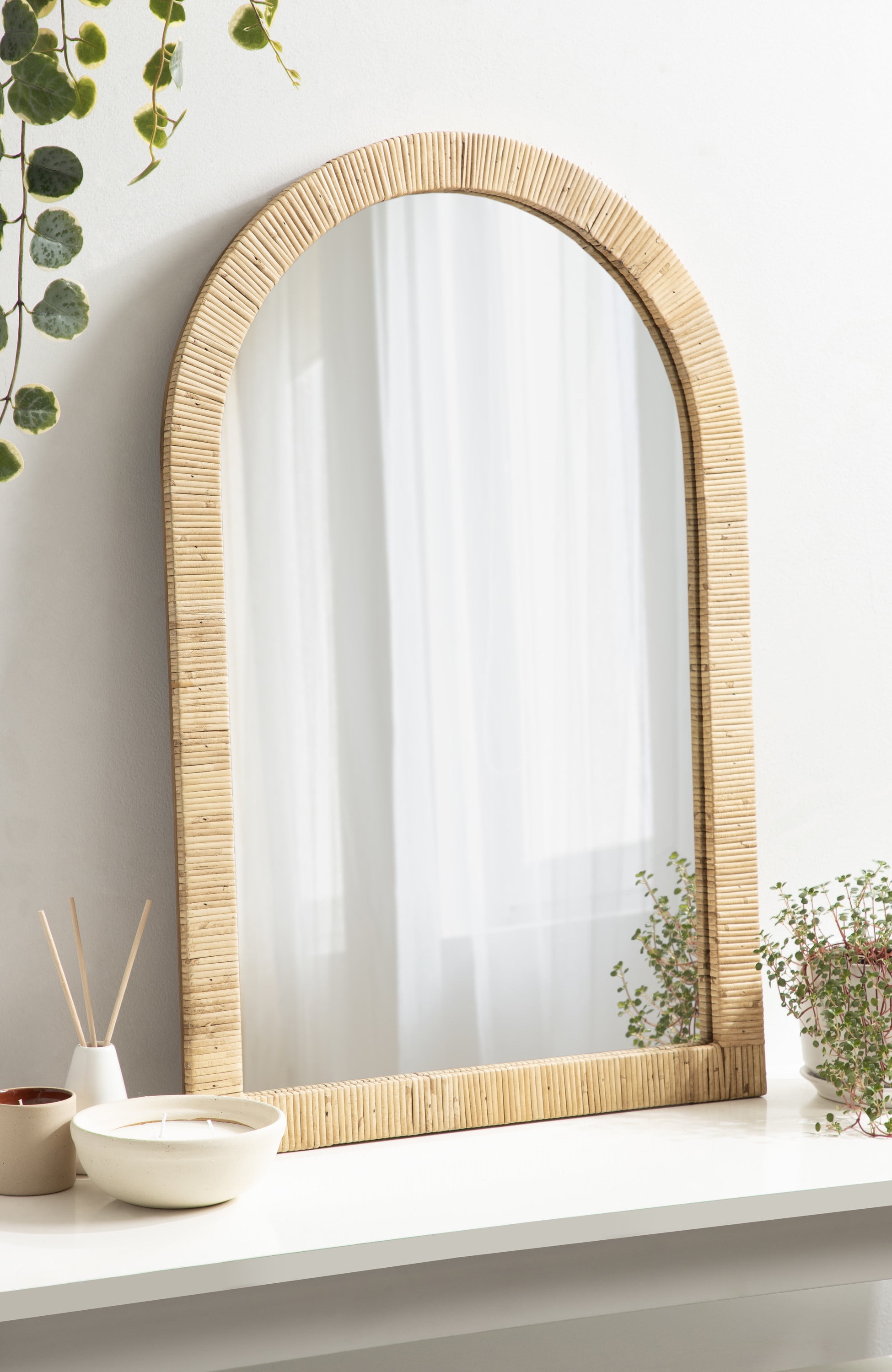 Natural Rattan Arch Wall Mirror, 20x30, Boho Design