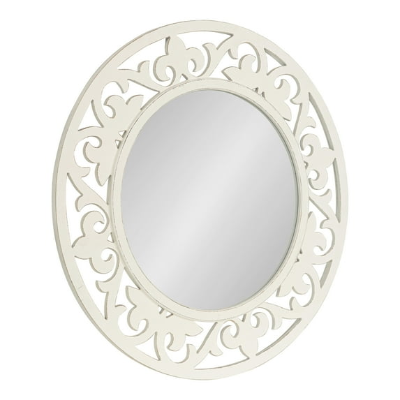 Kate and Laurel Shovali Coastal Round Mirror, 31.5 Inch Diameter, White, Decadent Wall Decor with Ornate Wood-Carved Frame