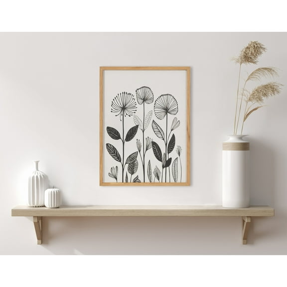Kate and Laurel Simple Modern Linocut Botanicals Framed Wall Art by The Creative Bunch Studio, 12x16 Natural, Modern Floral Art for Wall