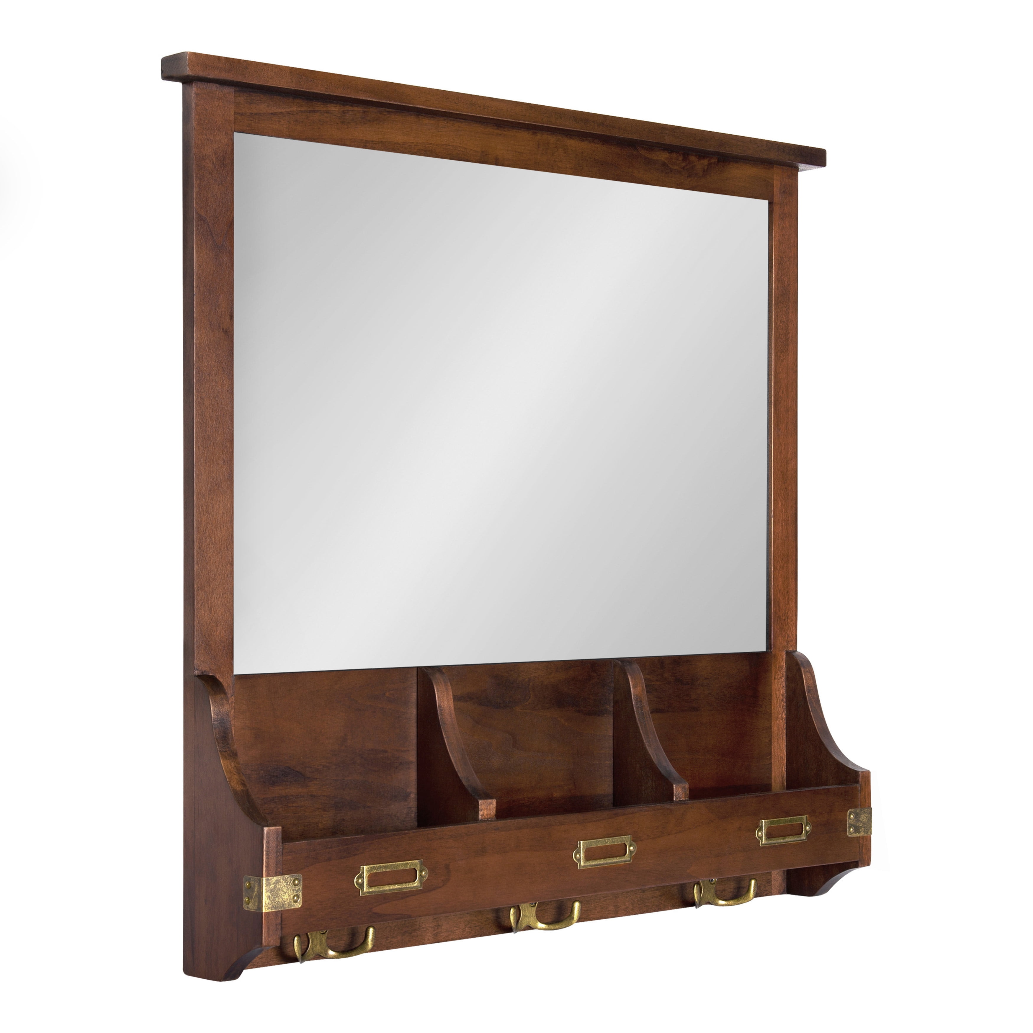 Walnut Brown Solid Wood Square Wall Organizer with Mirror and Hooks