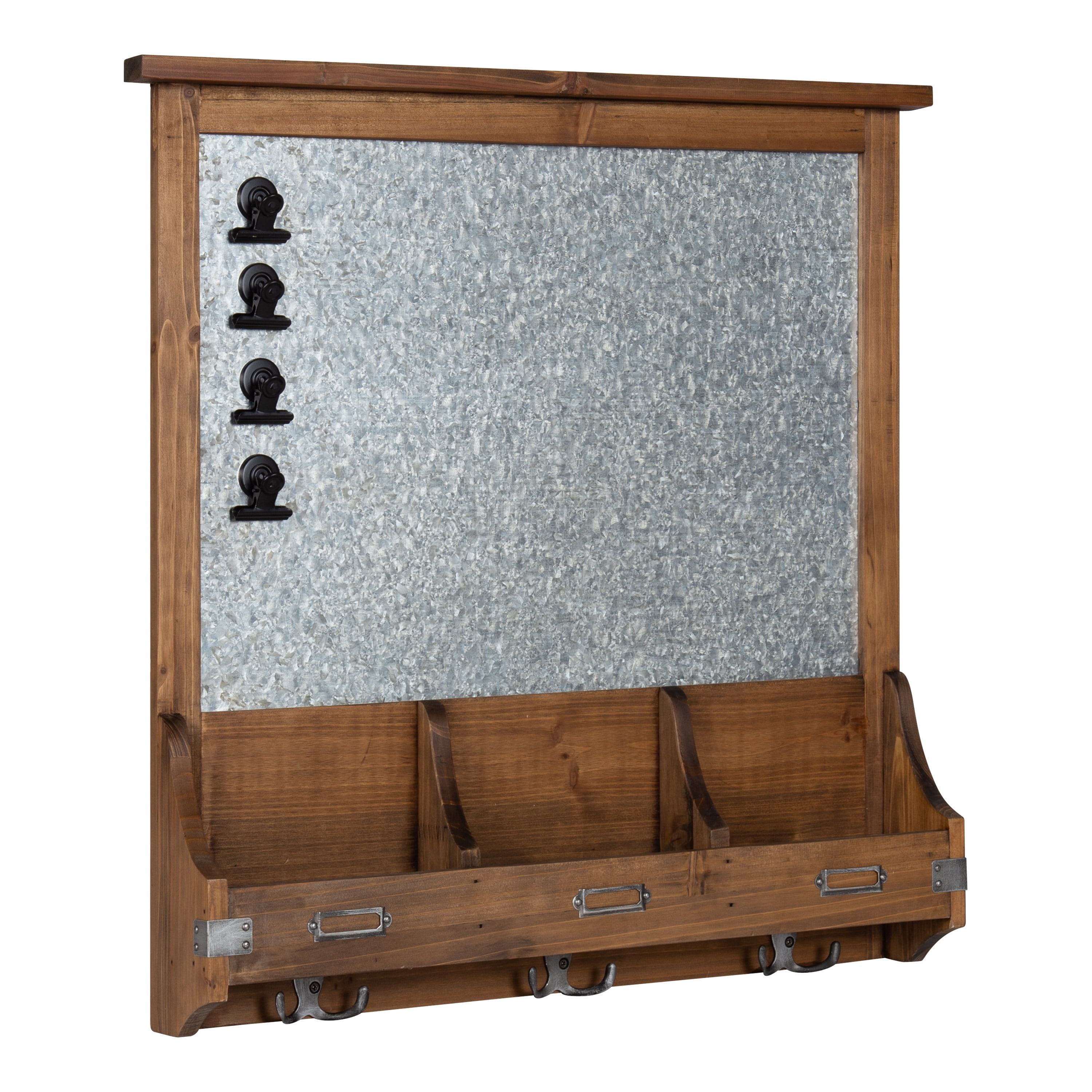 Rustic Brown Wood and Metal Magnetic Wall Organizer with Hooks