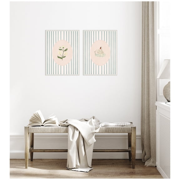 Kate and Laurel Striped Heritage 2 Piece Framed Canvas Wall Art Set by Nikita Jariwala, Sylvie Beaded White Vintage, Flower Art for Wall Decor